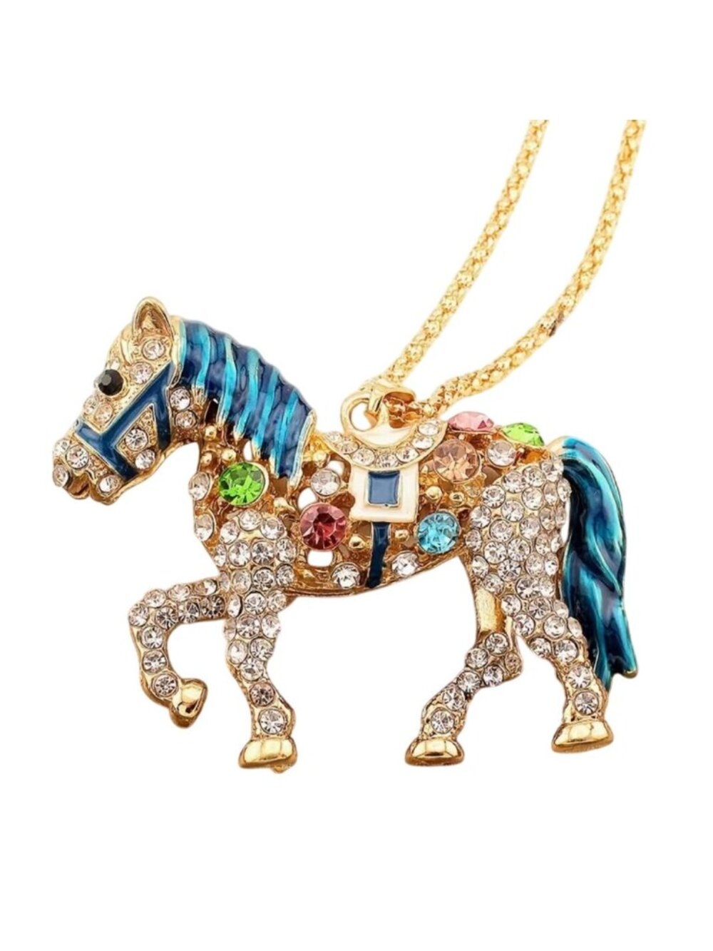 Blue Enamel & Crystal Horse Pendant Necklace Gold Tone